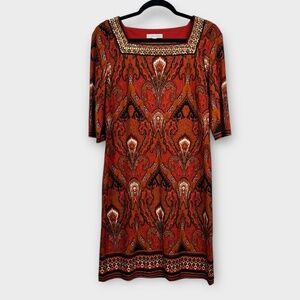 Sandra Darren Midi Dress Boho Artsy Retro Rust Autumn Gold Embellished 6 SMALL